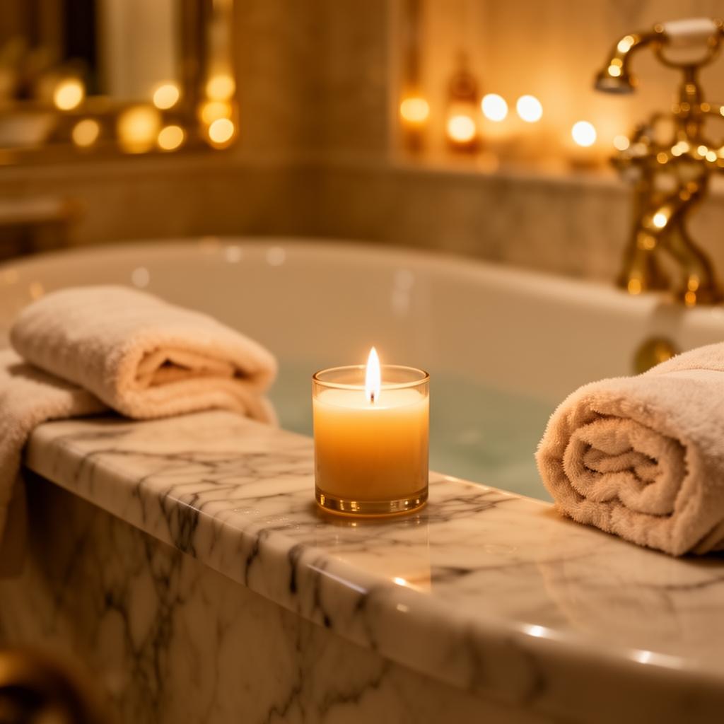 Candle by a luxury bathtub