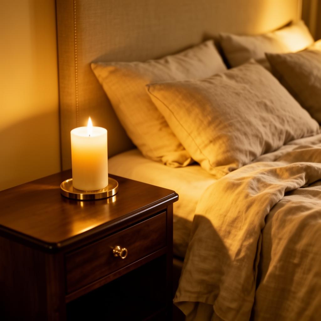 Candle on a bedroom nightstand